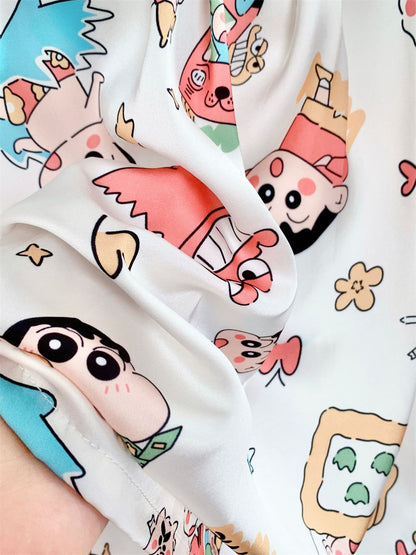 Satin Halter Neck Cami & Shorts Pajama Set | Cute Cartoon Print Silky Loungewear Two-Piece