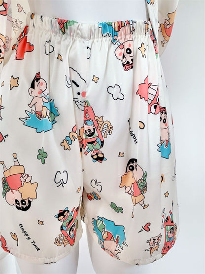 Satin Halter Neck Cami & Shorts Pajama Set | Cute Cartoon Print Silky Loungewear Two-Piece