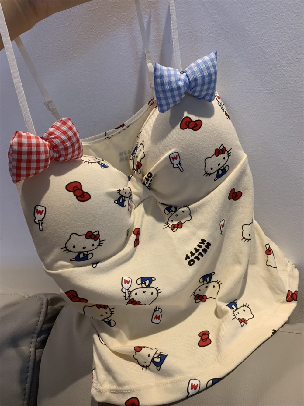Hello Kitty Y2K Sweet Bow Knot Spaghetti Strap Cami Top with Removable Gingham Bow Pins (Available in 4 Colors)