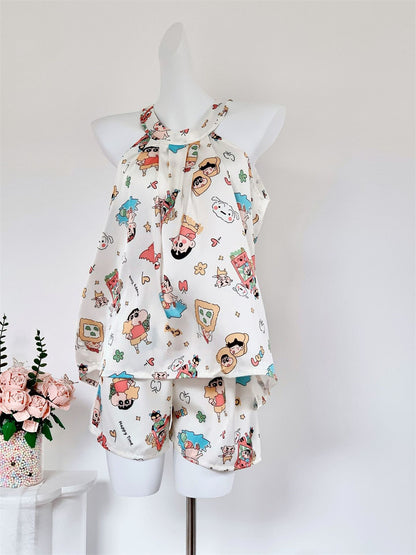 Satin Halter Neck Cami & Shorts Pajama Set | Cute Cartoon Print Silky Loungewear Two-Piece
