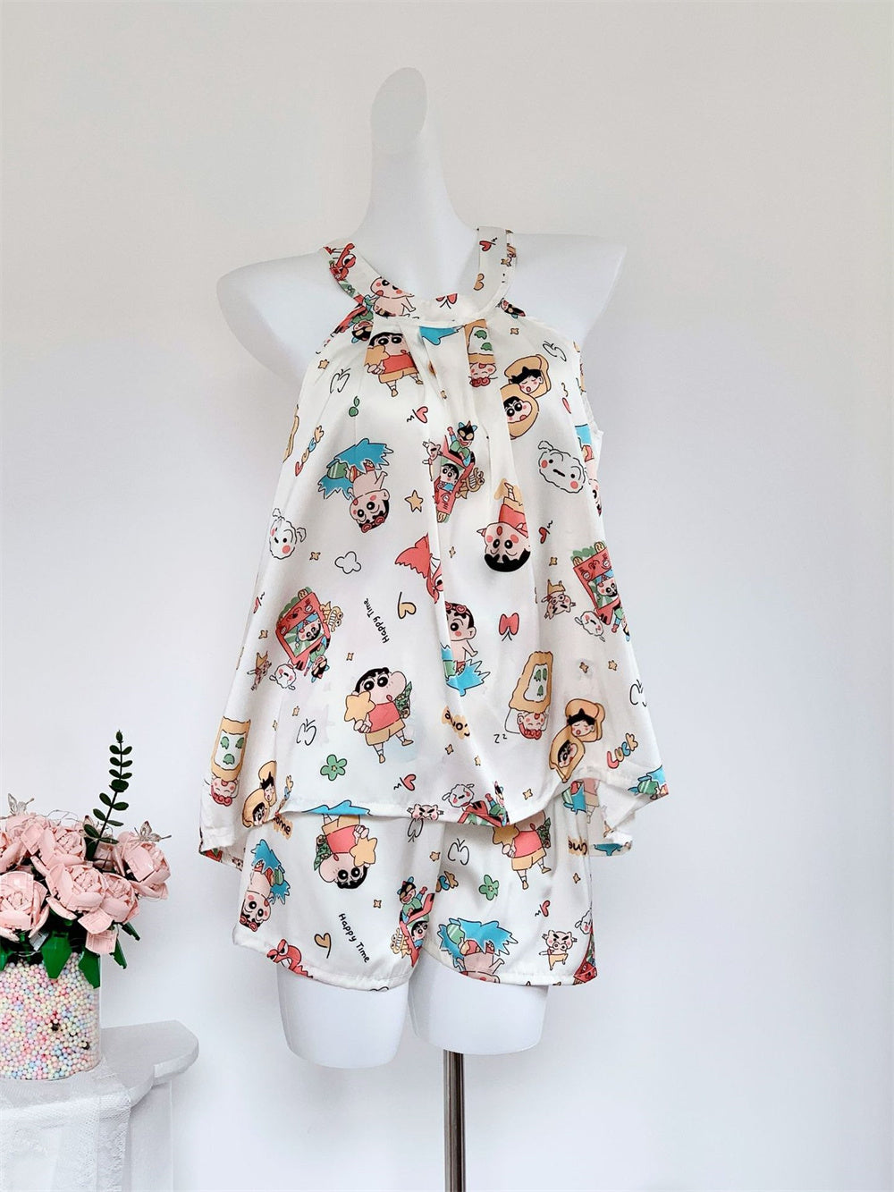 Satin Halter Neck Cami & Shorts Pajama Set | Cute Cartoon Print Silky Loungewear Two-Piece