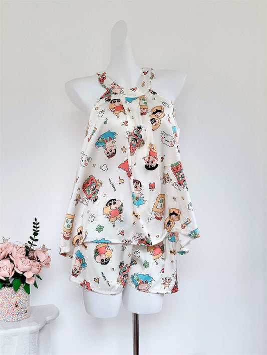 Satin Halter Neck Cami & Shorts Pajama Set | Cute Cartoon Print Silky Loungewear Two-Piece