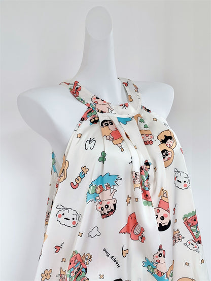 Satin Halter Neck Cami & Shorts Pajama Set | Cute Cartoon Print Silky Loungewear Two-Piece