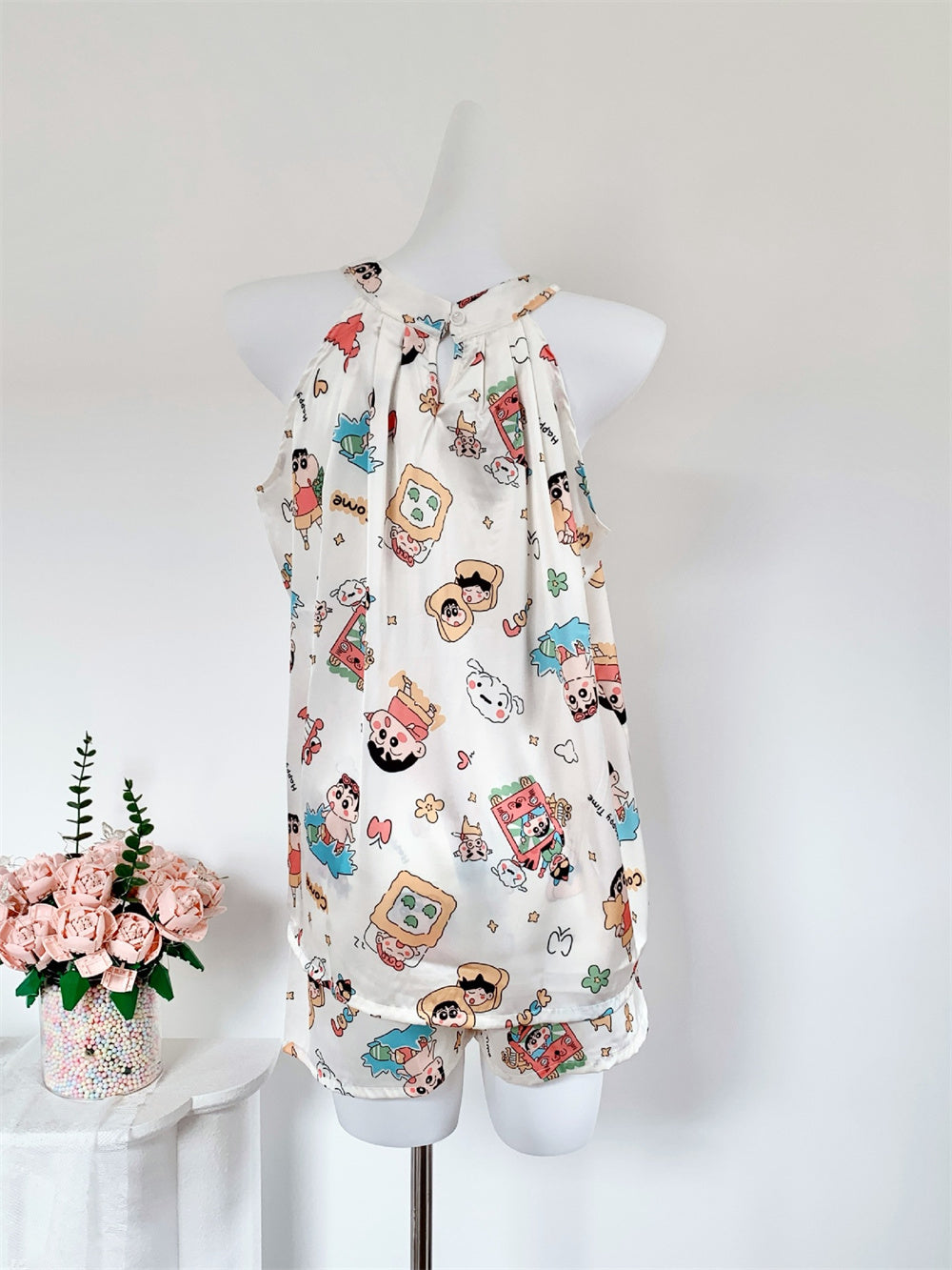 Satin Halter Neck Cami & Shorts Pajama Set | Cute Cartoon Print Silky Loungewear Two-Piece