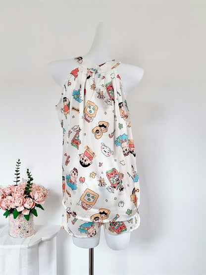 Satin Halter Neck Cami & Shorts Pajama Set | Cute Cartoon Print Silky Loungewear Two-Piece