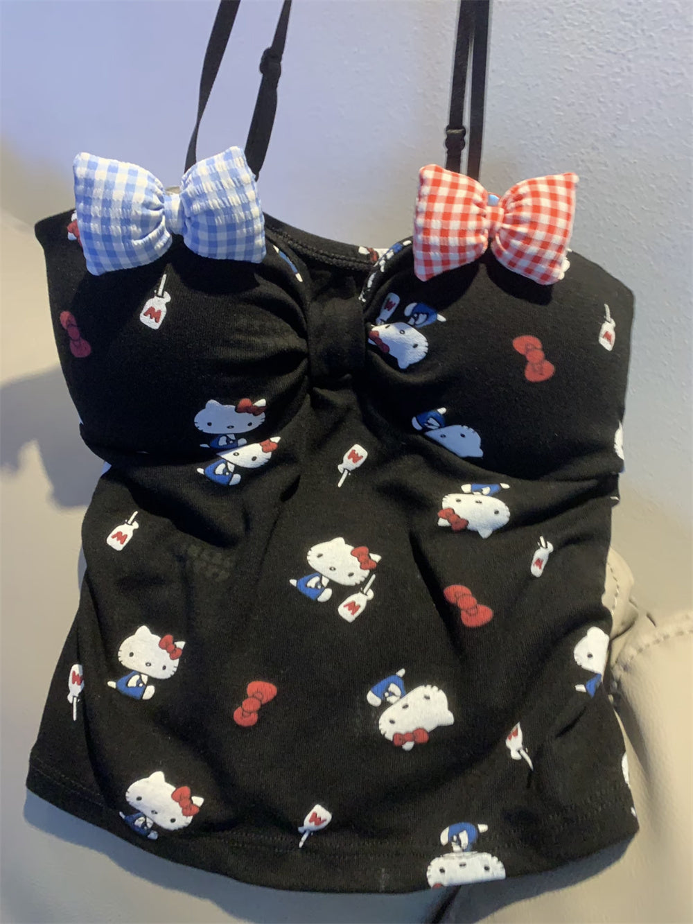 Hello Kitty Y2K Sweet Bow Knot Spaghetti Strap Cami Top with Removable Gingham Bow Pins (Available in 4 Colors)