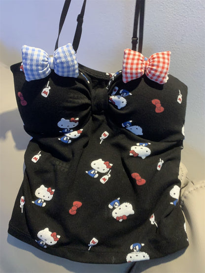 Hello Kitty Y2K Sweet Bow Knot Spaghetti Strap Cami Top with Removable Gingham Bow Pins (Available in 4 Colors)