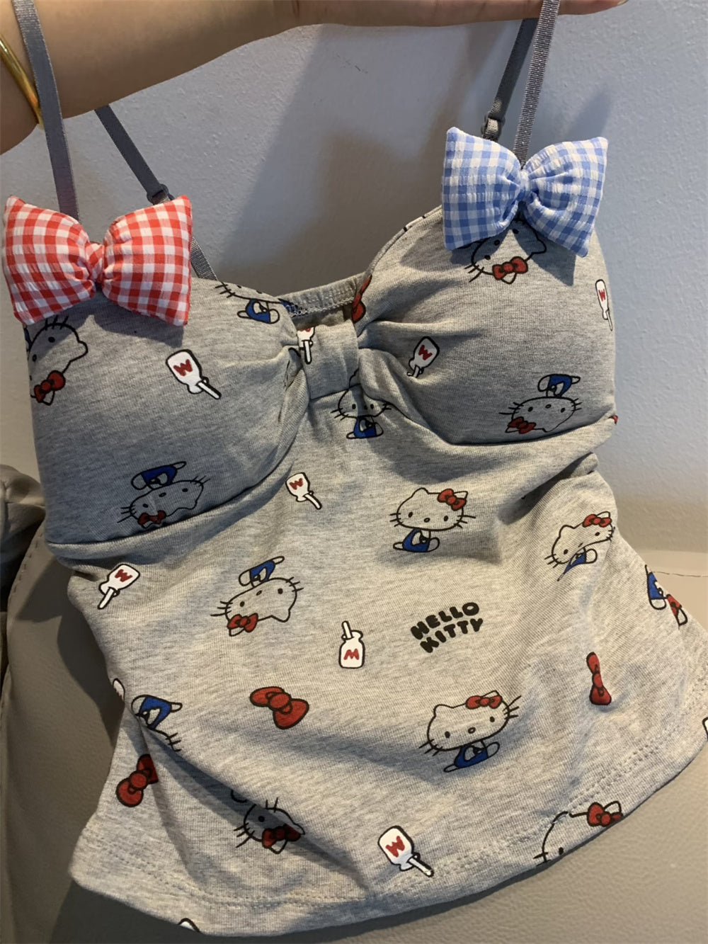 Hello Kitty Y2K Sweet Bow Knot Spaghetti Strap Cami Top with Removable Gingham Bow Pins (Available in 4 Colors)