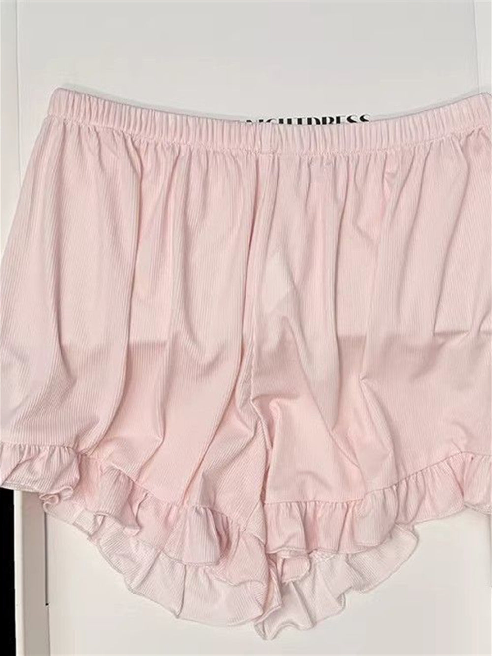 Coquette Bow Ribbon Ribbed Camisole & Ruffle Shorts Loungewear Set – Soft Knit Sleepwear (Pastel Pink & Lavender Purple)