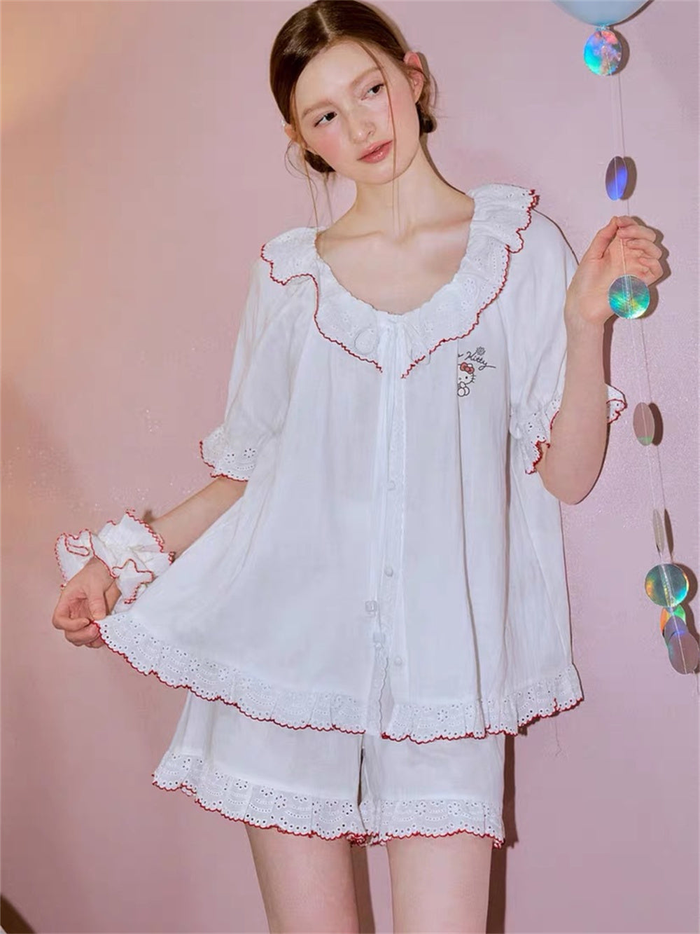 Hello Kitty French Coquette 100% Cotton Eyelet Lace Sleepwear Collection – Short Sleeve Shorts Set & Nightdress