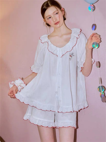 Hello Kitty French Coquette 100% Cotton Eyelet Lace Sleepwear Collection – Short Sleeve Shorts Set & Nightdress
