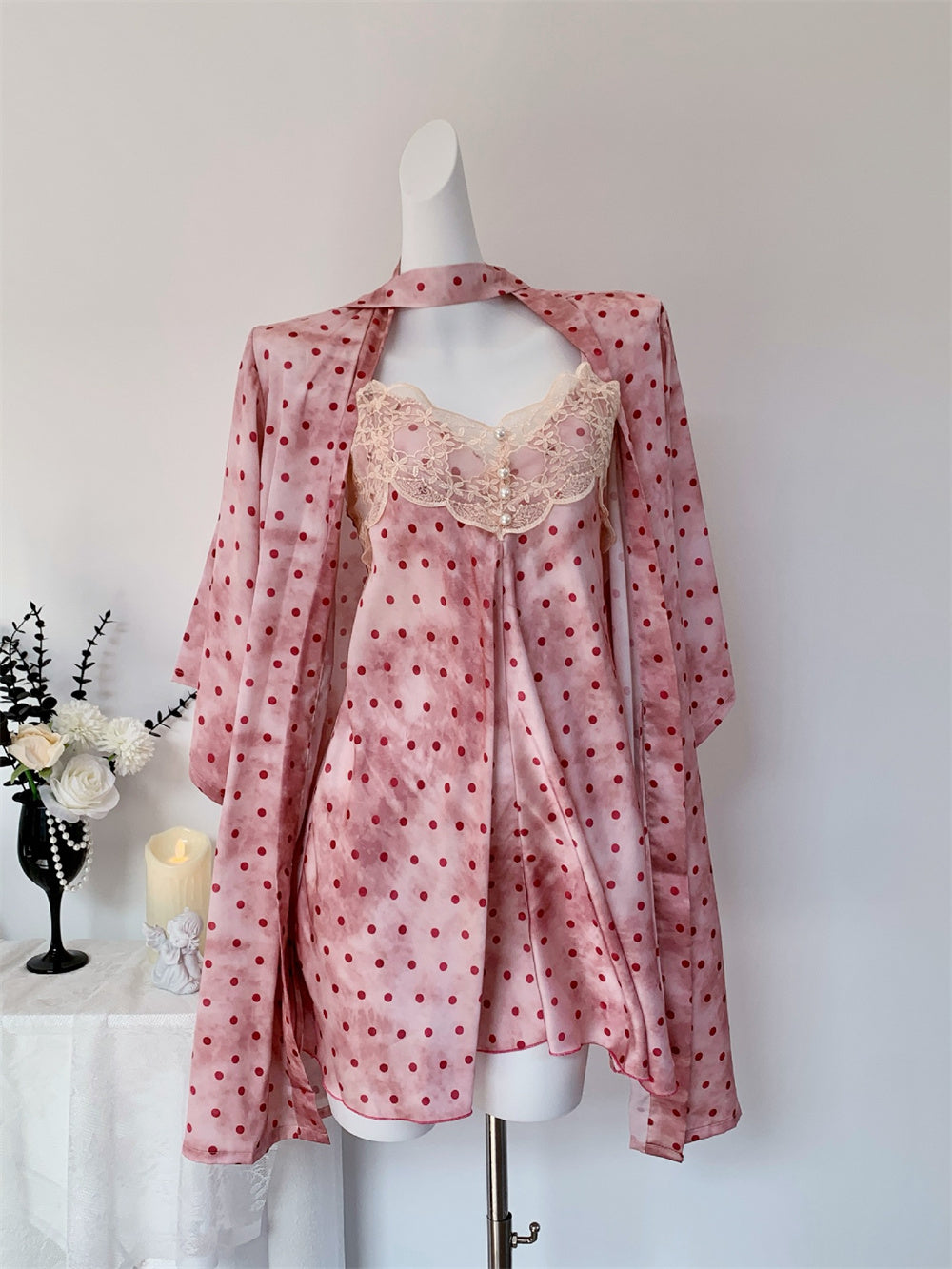 Juicy Peach Pink Romantic Vintage Polka Dot Satin Loungewear Collection – Slip Dress, Cami & Shorts 2-Piece Set, & Matching Robe 3-Piece Set