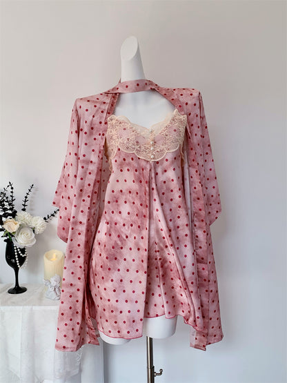 Juicy Peach Pink Romantic Vintage Polka Dot Satin Loungewear Collection – Slip Dress, Cami & Shorts 2-Piece Set, & Matching Robe 3-Piece Set