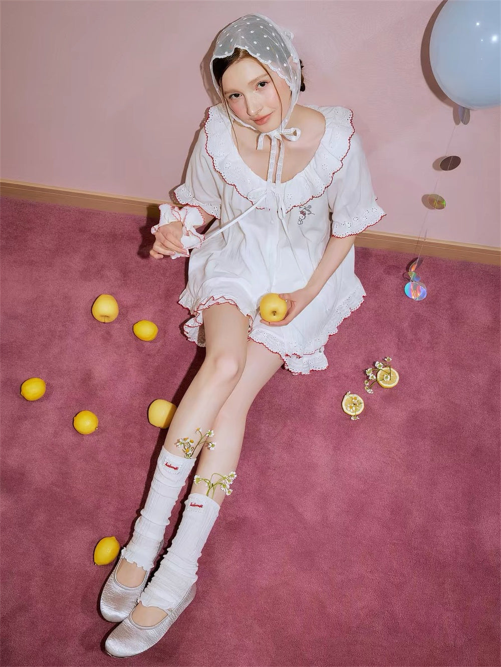Hello Kitty French Coquette 100% Cotton Eyelet Lace Sleepwear Collection – Short Sleeve Shorts Set & Nightdress