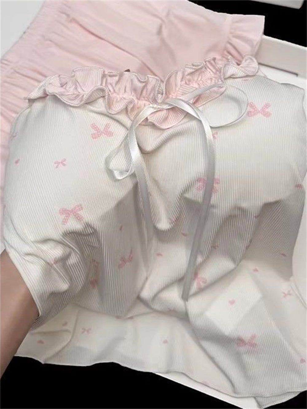 Coquette Bow Ribbon Ribbed Camisole & Ruffle Shorts Loungewear Set – Soft Knit Sleepwear (Pastel Pink & Lavender Purple)