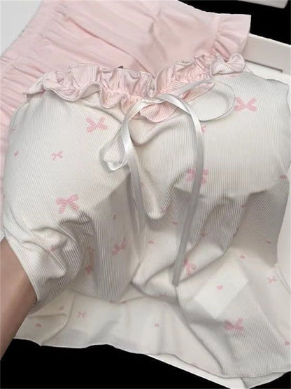 Coquette Bow Ribbon Ribbed Camisole & Ruffle Shorts Loungewear Set – Soft Knit Sleepwear (Pastel Pink & Lavender Purple)