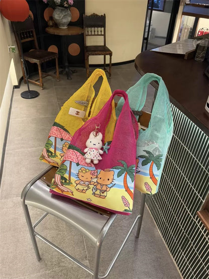 🌺 “Tropical Paradise” Hello Kitty Mesh Beach Tote (Available in 3 vibrant colorways)