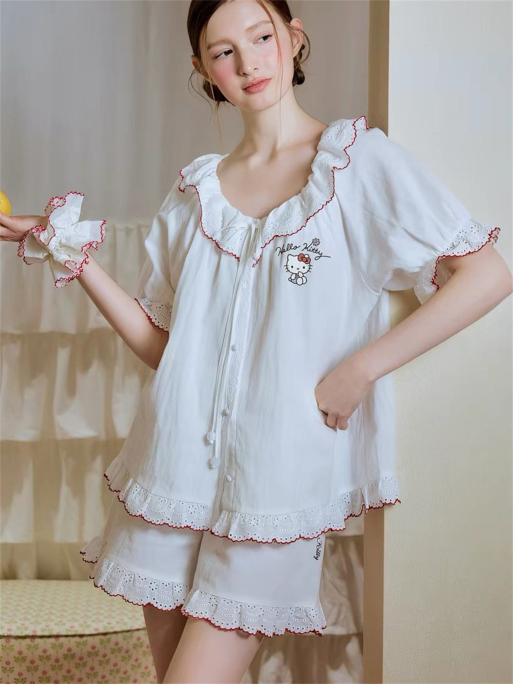Hello Kitty French Coquette 100% Cotton Eyelet Lace Sleepwear Collection – Short Sleeve Shorts Set & Nightdress