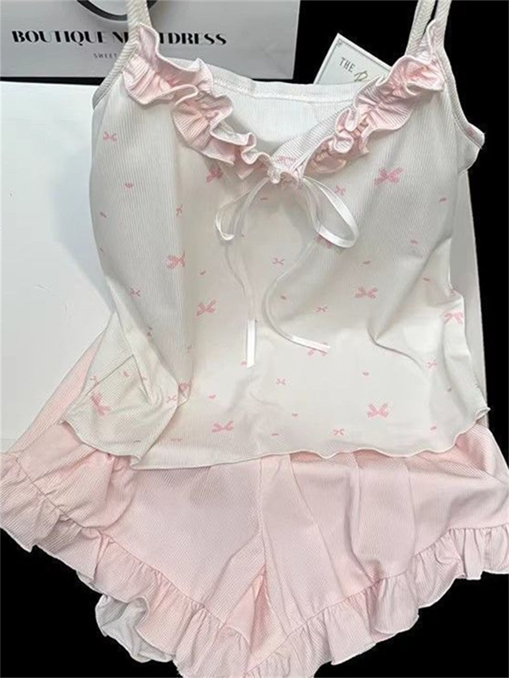 Coquette Bow Ribbon Ribbed Camisole & Ruffle Shorts Loungewear Set – Soft Knit Sleepwear (Pastel Pink & Lavender Purple)