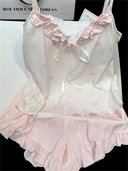 Coquette Bow Ribbon Ribbed Camisole & Ruffle Shorts Loungewear Set – Soft Knit Sleepwear (Pastel Pink & Lavender Purple)