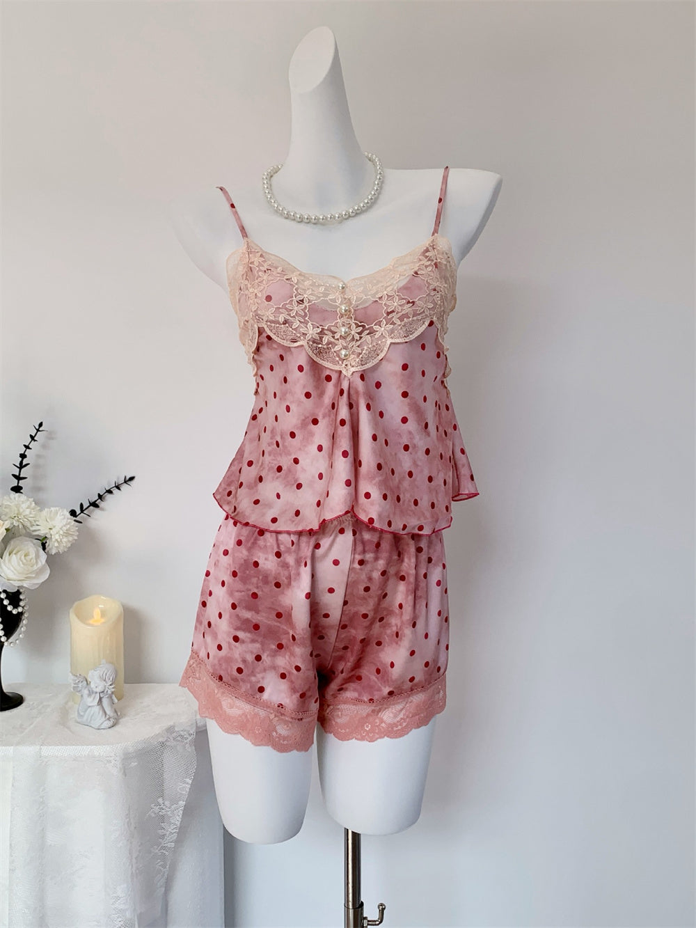 Juicy Peach Pink Romantic Vintage Polka Dot Satin Loungewear Collection – Slip Dress, Cami & Shorts 2-Piece Set, & Matching Robe 3-Piece Set