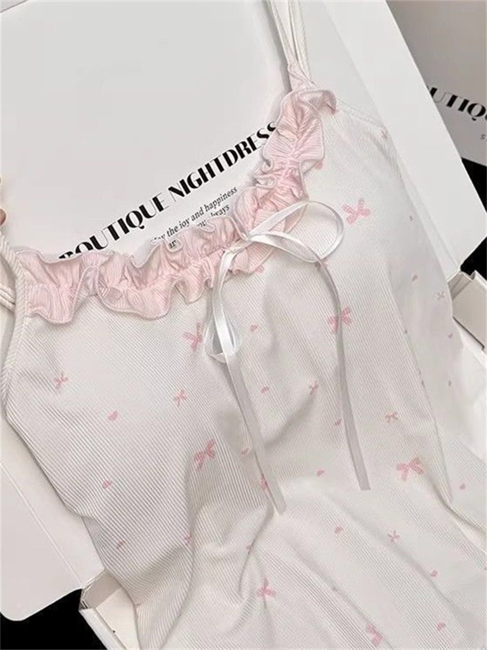 Coquette Bow Ribbon Ribbed Camisole & Ruffle Shorts Loungewear Set – Soft Knit Sleepwear (Pastel Pink & Lavender Purple)