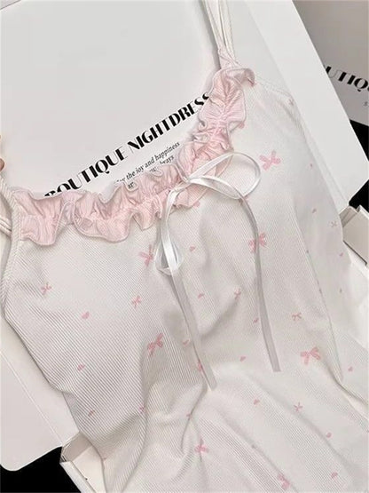 Coquette Bow Ribbon Ribbed Camisole & Ruffle Shorts Loungewear Set – Soft Knit Sleepwear (Pastel Pink & Lavender Purple)