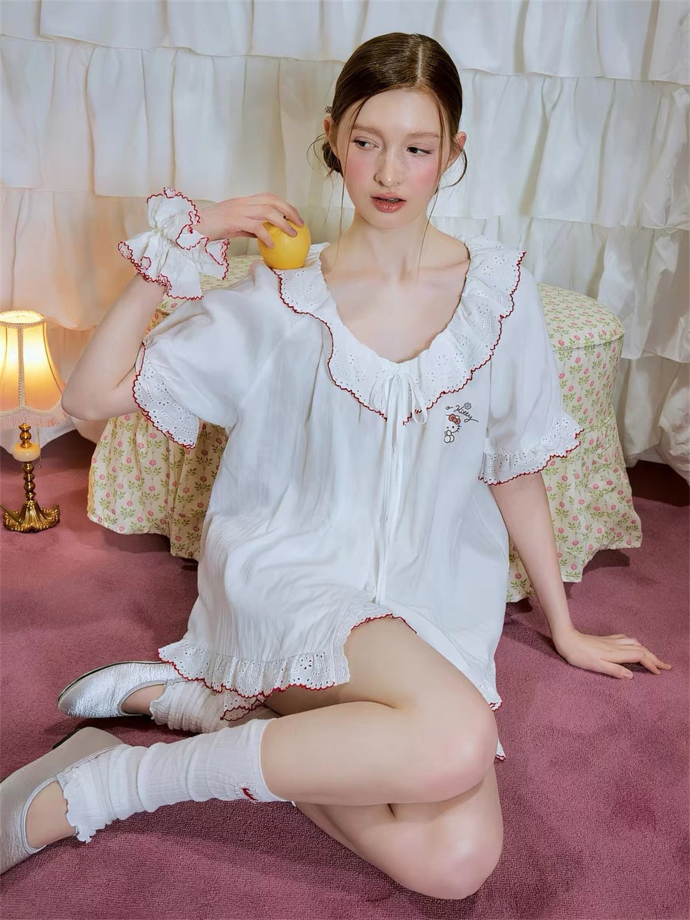 Hello Kitty French Coquette 100% Cotton Eyelet Lace Sleepwear Collection – Short Sleeve Shorts Set & Nightdress