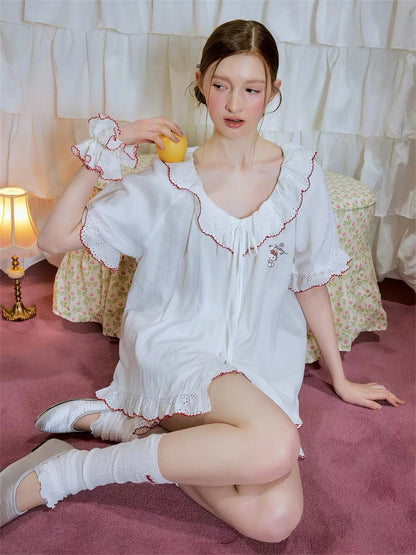 Hello Kitty French Coquette 100% Cotton Eyelet Lace Sleepwear Collection – Short Sleeve Shorts Set & Nightdress