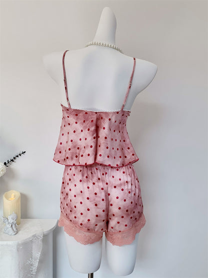 Juicy Peach Pink Romantic Vintage Polka Dot Satin Loungewear Collection – Slip Dress, Cami & Shorts 2-Piece Set, & Matching Robe 3-Piece Set
