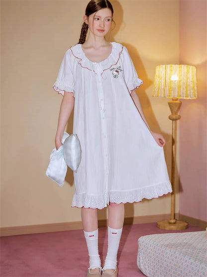 Hello Kitty French Coquette 100% Cotton Eyelet Lace Sleepwear Collection – Short Sleeve Shorts Set & Nightdress