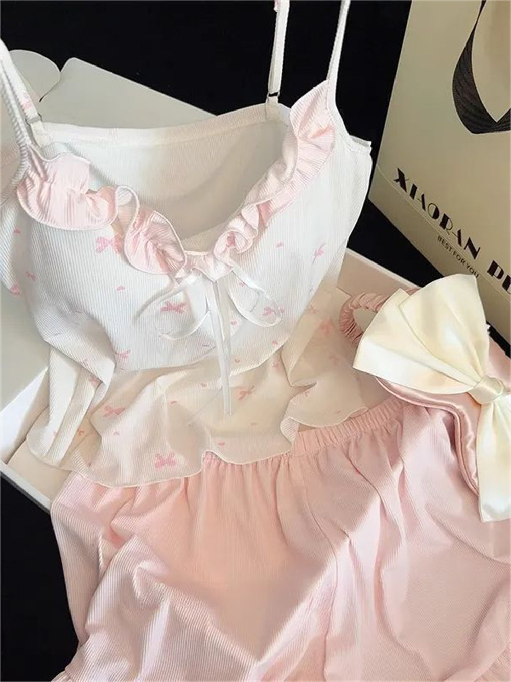 Coquette Bow Ribbon Ribbed Camisole & Ruffle Shorts Loungewear Set – Soft Knit Sleepwear (Pastel Pink & Lavender Purple)