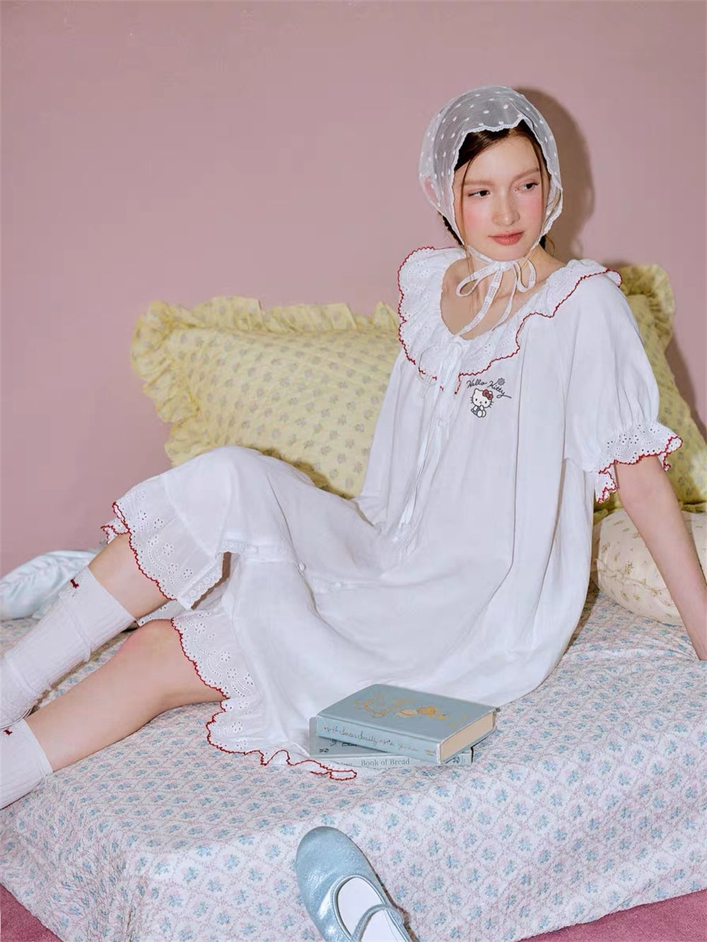 Hello Kitty French Coquette 100% Cotton Eyelet Lace Sleepwear Collection – Short Sleeve Shorts Set & Nightdress
