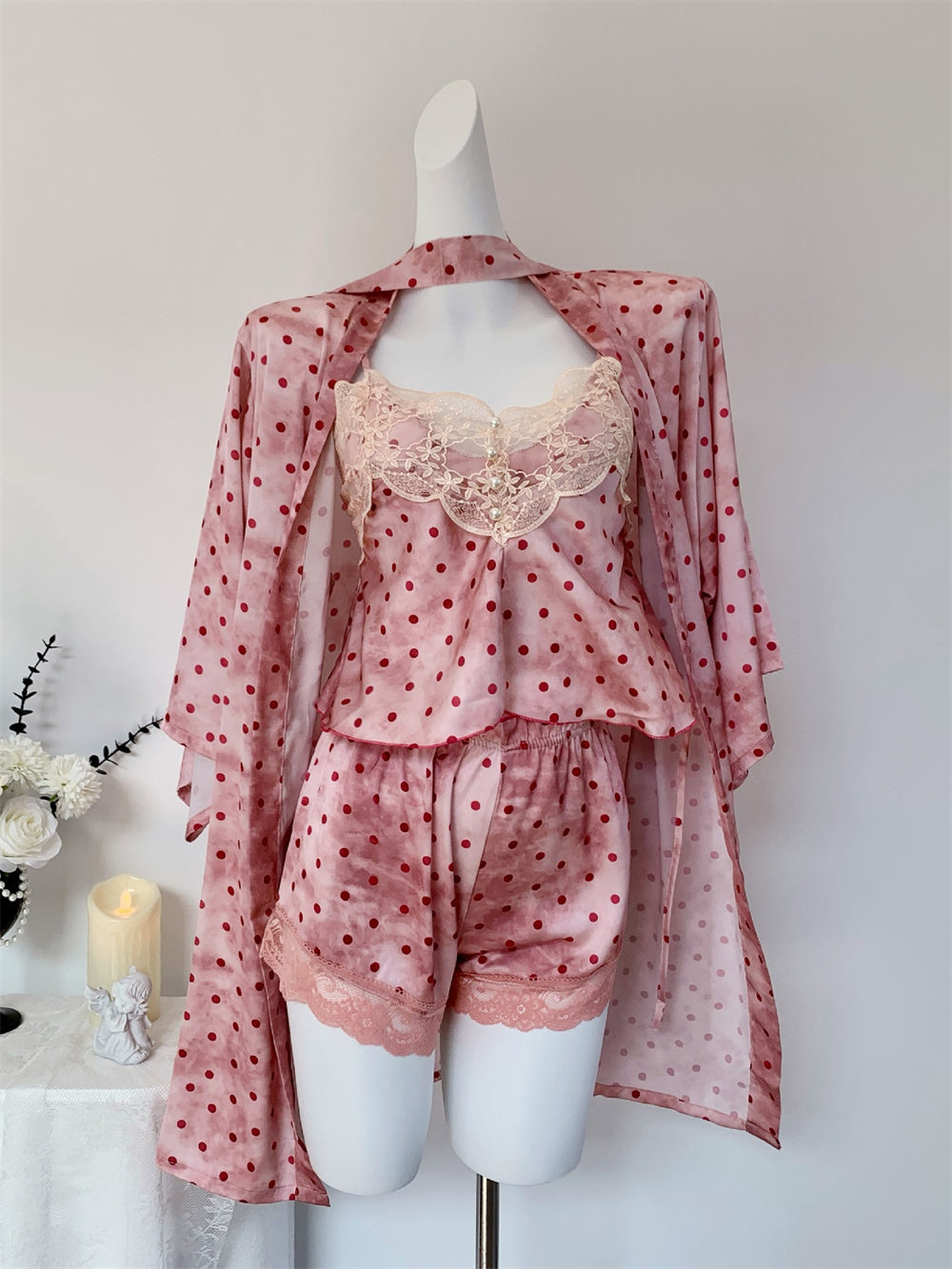 Juicy Peach Pink Romantic Vintage Polka Dot Satin Loungewear Collection – Slip Dress, Cami & Shorts 2-Piece Set, & Matching Robe 3-Piece Set