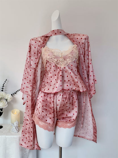 Juicy Peach Pink Romantic Vintage Polka Dot Satin Loungewear Collection – Slip Dress, Cami & Shorts 2-Piece Set, & Matching Robe 3-Piece Set