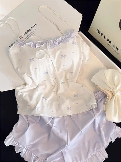 Coquette Bow Ribbon Ribbed Camisole & Ruffle Shorts Loungewear Set – Soft Knit Sleepwear (Pastel Pink & Lavender Purple)