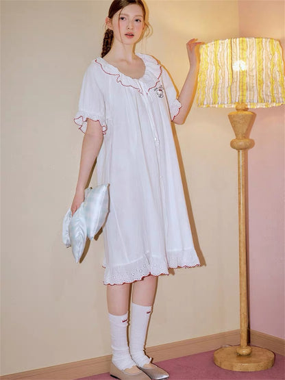 Hello Kitty French Coquette 100% Cotton Eyelet Lace Sleepwear Collection – Short Sleeve Shorts Set & Nightdress
