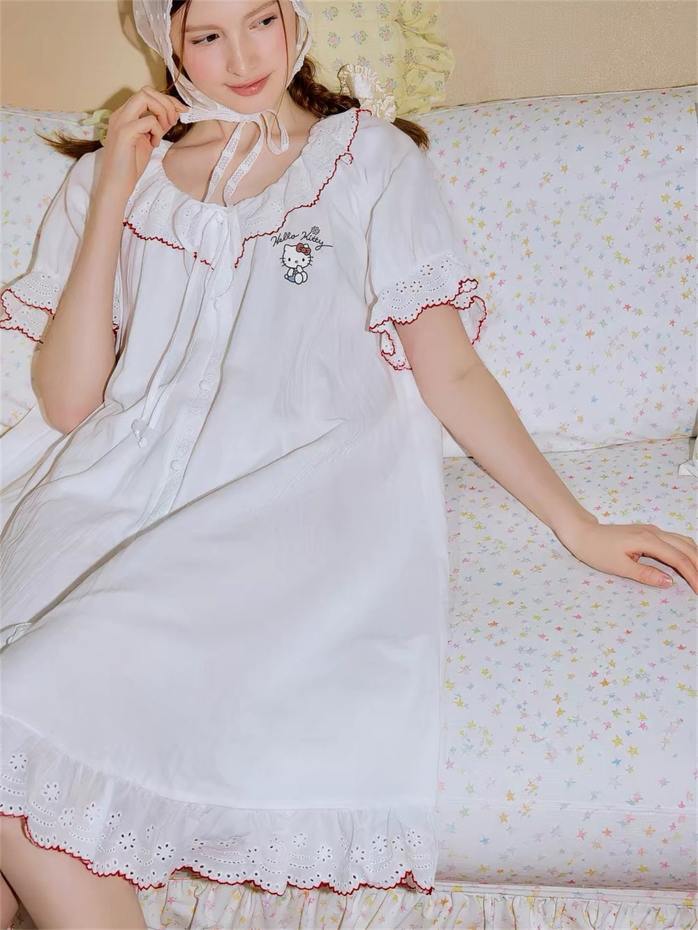 Hello Kitty French Coquette 100% Cotton Eyelet Lace Sleepwear Collection – Short Sleeve Shorts Set & Nightdress