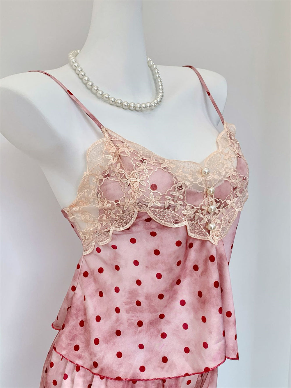 Juicy Peach Pink Romantic Vintage Polka Dot Satin Loungewear Collection – Slip Dress, Cami & Shorts 2-Piece Set, & Matching Robe 3-Piece Set