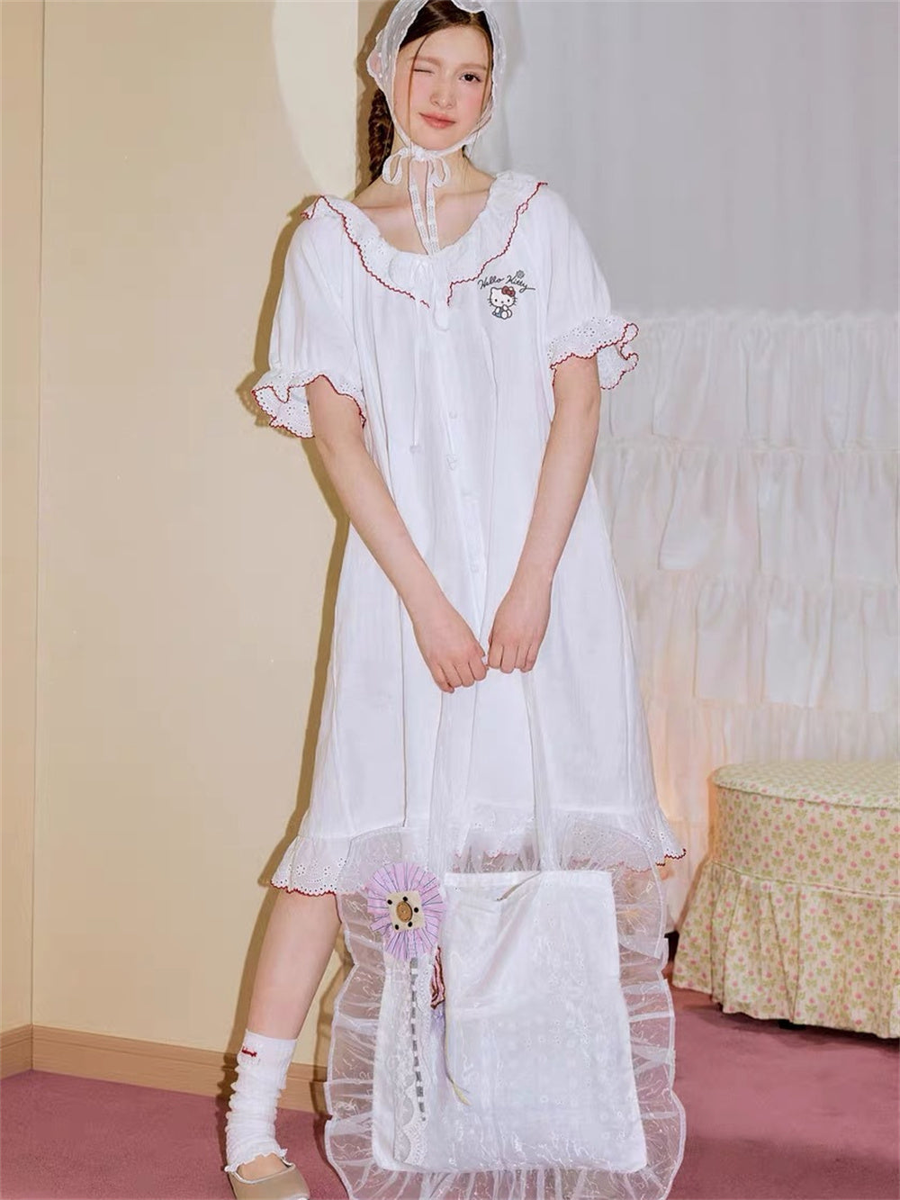 Hello Kitty French Coquette 100% Cotton Eyelet Lace Sleepwear Collection – Short Sleeve Shorts Set & Nightdress