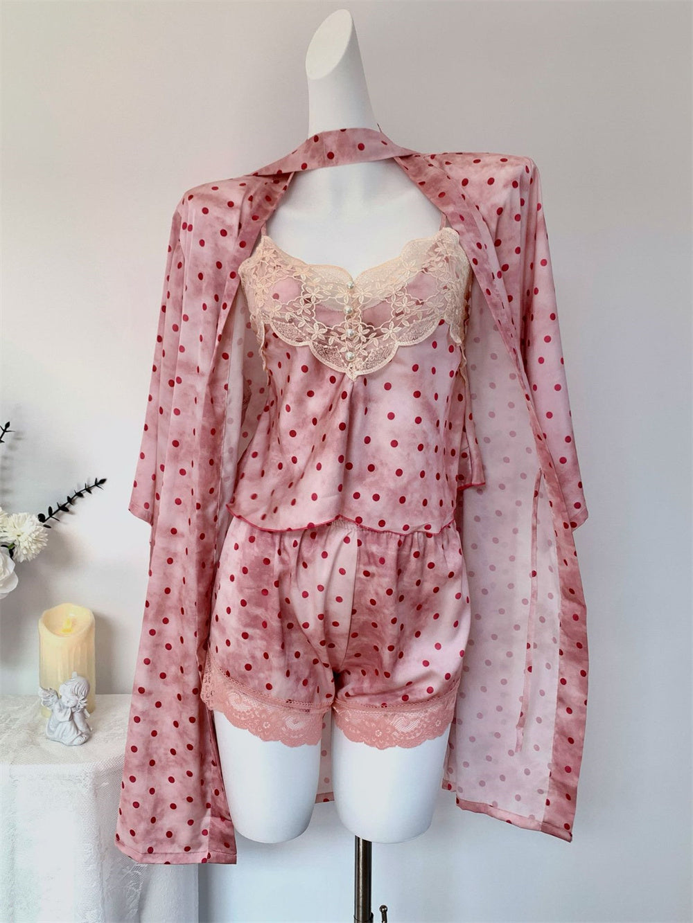 Juicy Peach Pink Romantic Vintage Polka Dot Satin Loungewear Collection – Slip Dress, Cami & Shorts 2-Piece Set, & Matching Robe 3-Piece Set