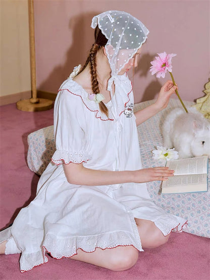 Hello Kitty French Coquette 100% Cotton Eyelet Lace Sleepwear Collection – Short Sleeve Shorts Set & Nightdress