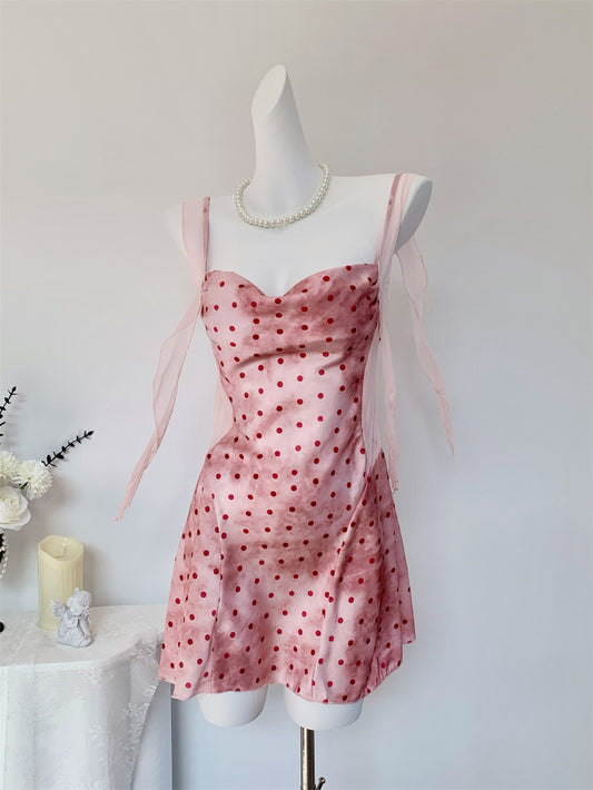 Juicy Peach Pink Romantic Vintage Polka Dot Satin Loungewear Collection – Slip Dress, Cami & Shorts 2-Piece Set, & Matching Robe 3-Piece Set