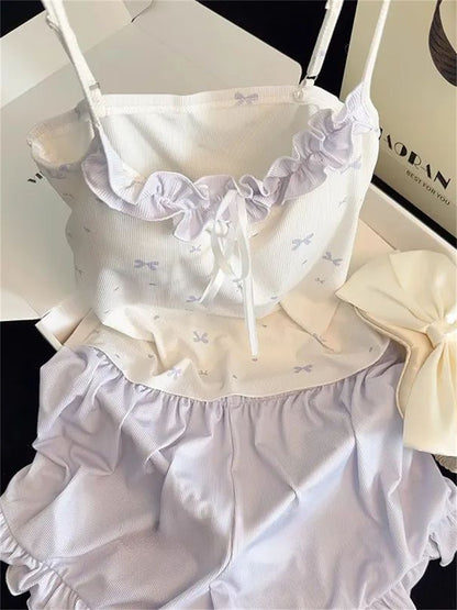 Coquette Bow Ribbon Ribbed Camisole & Ruffle Shorts Loungewear Set – Soft Knit Sleepwear (Pastel Pink & Lavender Purple)