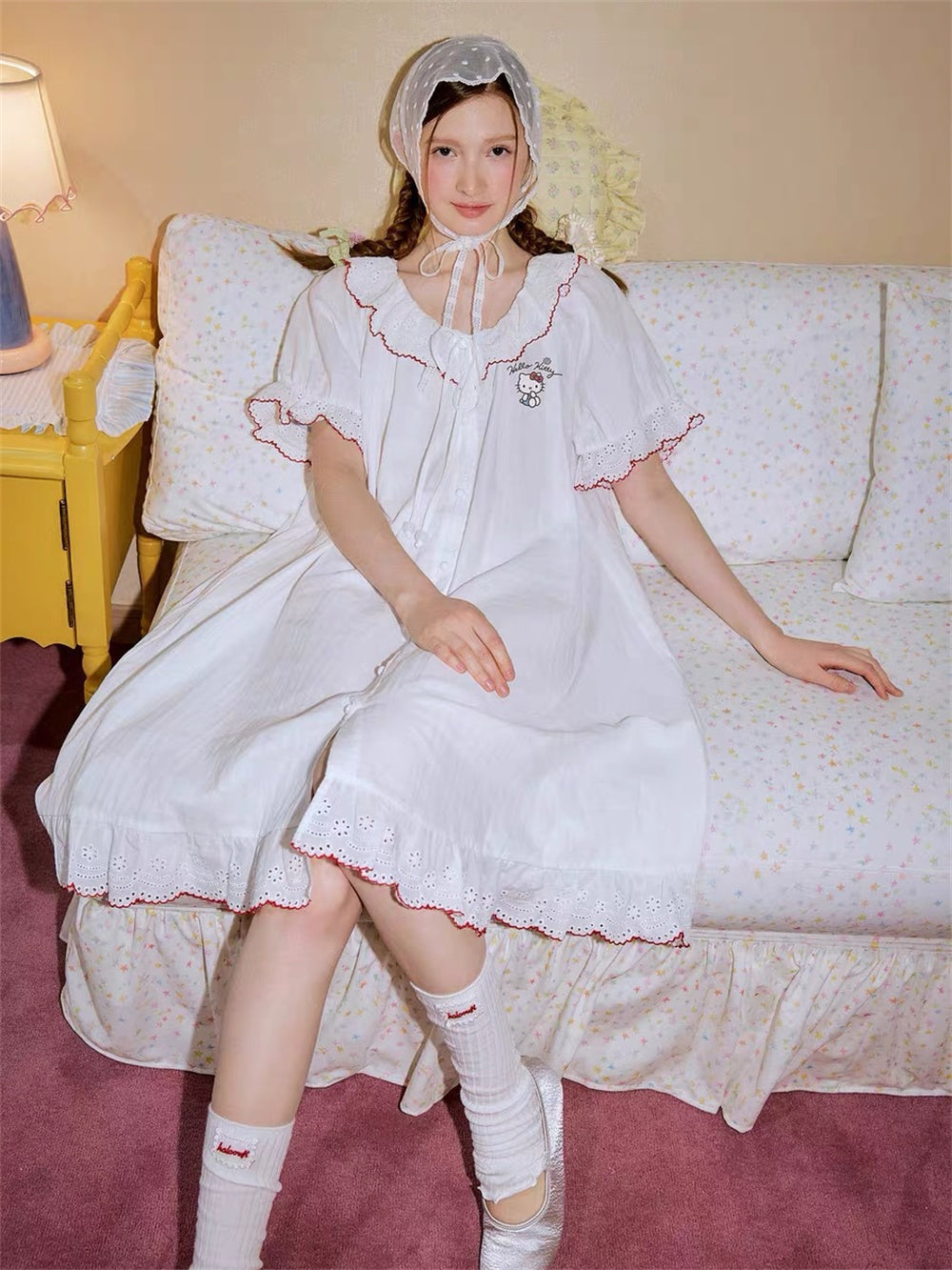 Hello Kitty French Coquette 100% Cotton Eyelet Lace Sleepwear Collection – Short Sleeve Shorts Set & Nightdress