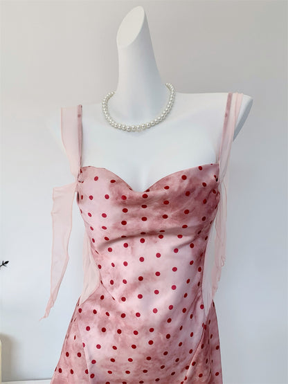 Juicy Peach Pink Romantic Vintage Polka Dot Satin Loungewear Collection – Slip Dress, Cami & Shorts 2-Piece Set, & Matching Robe 3-Piece Set
