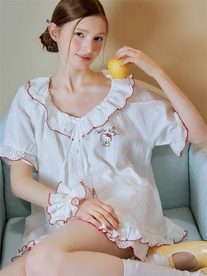 Hello Kitty French Coquette 100% Cotton Eyelet Lace Sleepwear Collection – Short Sleeve Shorts Set & Nightdress