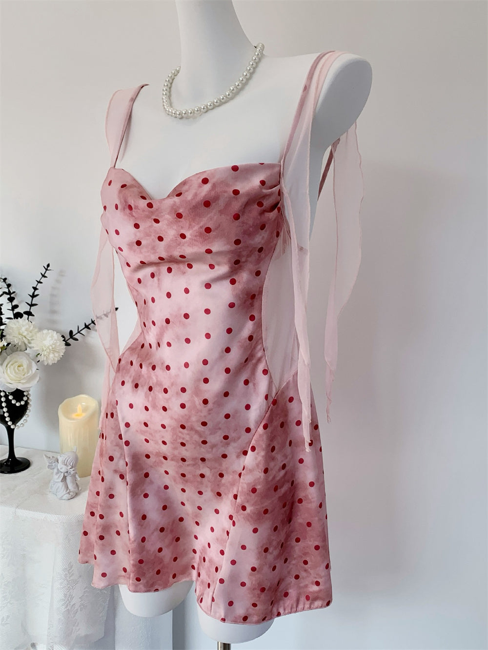 Juicy Peach Pink Romantic Vintage Polka Dot Satin Loungewear Collection – Slip Dress, Cami & Shorts 2-Piece Set, & Matching Robe 3-Piece Set