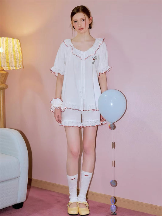 Hello Kitty French Coquette 100% Cotton Eyelet Lace Sleepwear Collection – Short Sleeve Shorts Set & Nightdress