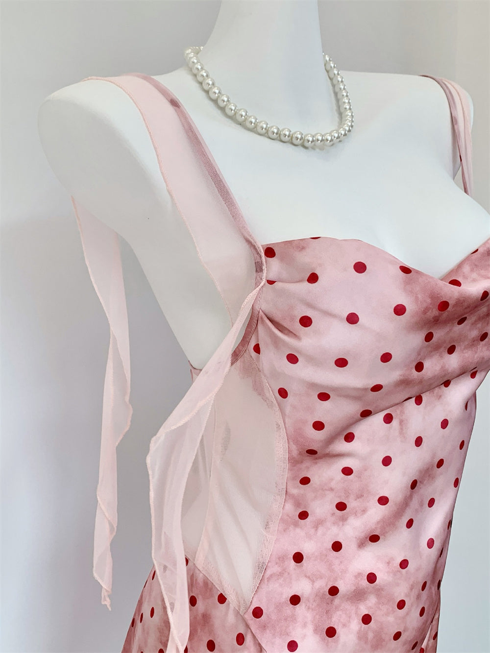 Juicy Peach Pink Romantic Vintage Polka Dot Satin Loungewear Collection – Slip Dress, Cami & Shorts 2-Piece Set, & Matching Robe 3-Piece Set
